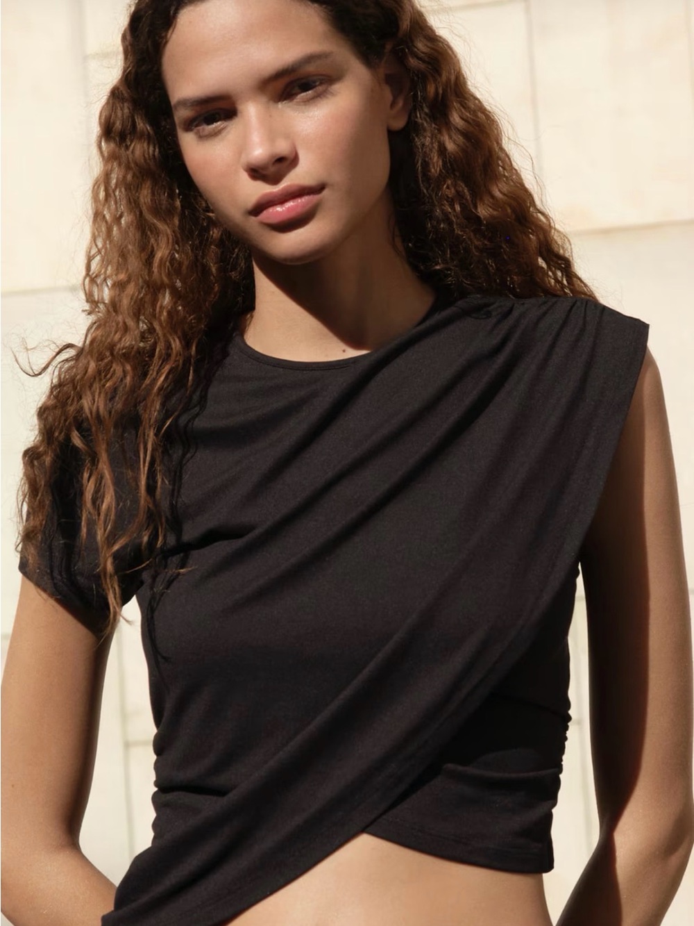 H&M Black Draped Crop Top with Asymmetric Twist